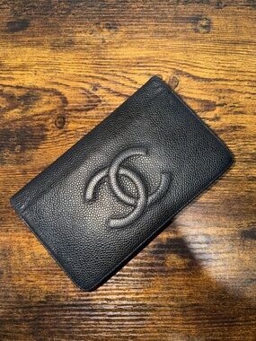 CHANEL Black Caviar Leather Long Wallet with Raised CC Emblem